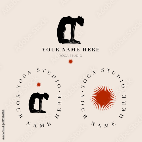 Woman doing Yoga, Pilates set of simple logo style icons. Slim girl doing yoga. Hand drawn black silhouette Vector illustration. Weight Loss. Health care and lifestyle concept. Female yoga.