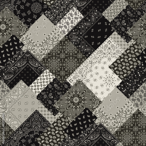 Paisley bandana fabric diagonal patchwork abstract vector seamless pattern