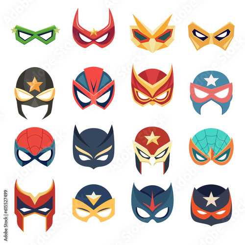 Vector Super Hero Masks Set in Flat Style. Face Character, Superhero Comic Book Mask Collection. Superhero Photo Props, Women and Men Masks, Carnival Glasses