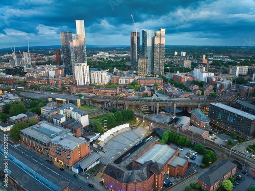 Manchester Skyline view over Castlefield aerial photo. 