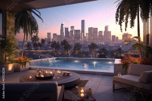 A luxurious penthouse balcony with a pool overlooking Los Angeles, showcasing the iconic skyline, palm trees, and a breathtaking sunset, creating a serene and elegant ambiance. Generative AI