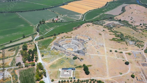Miletus theater built for 5300 people in the Hellenistic period, was increased to 15000 by increasing its capacity with Roman period. Aerial birdseye view Didim Aydin in Turkey Country
 photo