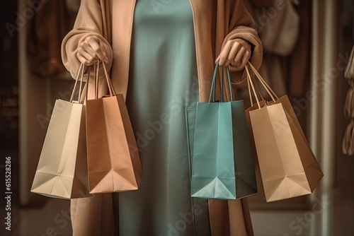 woman with four paper shopping bags Generative AI