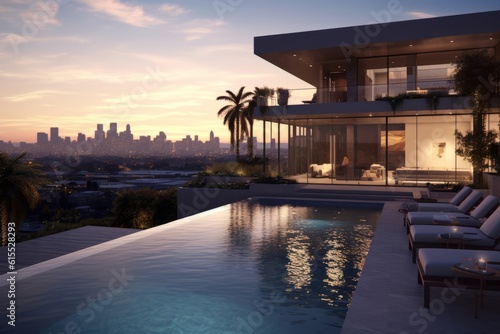 A stylish and sophisticated penthouse pool area in a Los Angeles villa, boasting mid-century modern architecture, sleek lines, and panoramic views of the city. Generative Ai © bluebeat76