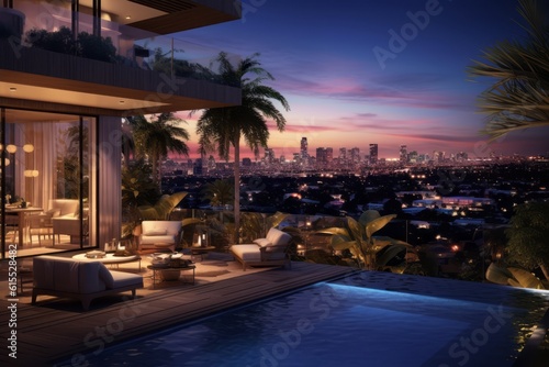 A sprawling penthouse terrace with a pool, surrounded by lush tropical gardens and offering breathtaking views of Los Angeles, capturing the essence of luxury living. Generative AI © bluebeat76