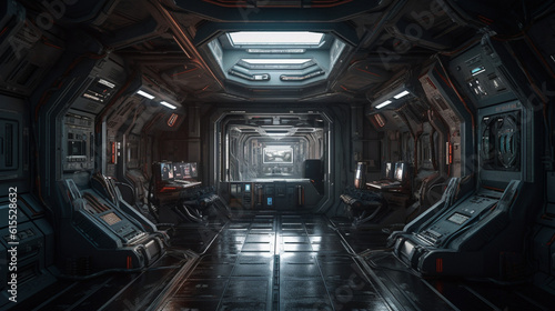 Futuristic space station or spaceship interior corridor. Science fiction concept 3D rendering, Generative Ai