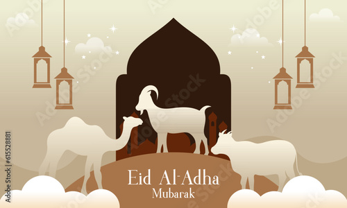Celebrate Eid Al Adha Mubarak Islamic Background with Qurban Animals