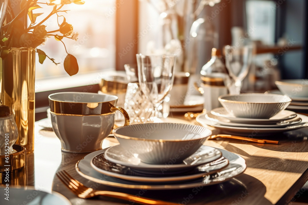 Ceramic dishes on the table in the store. Super photo realistic background, generative ai 3d illustration Ceramic dishes on the table in the store. Super photo realistic background, generative ai 3d illustration