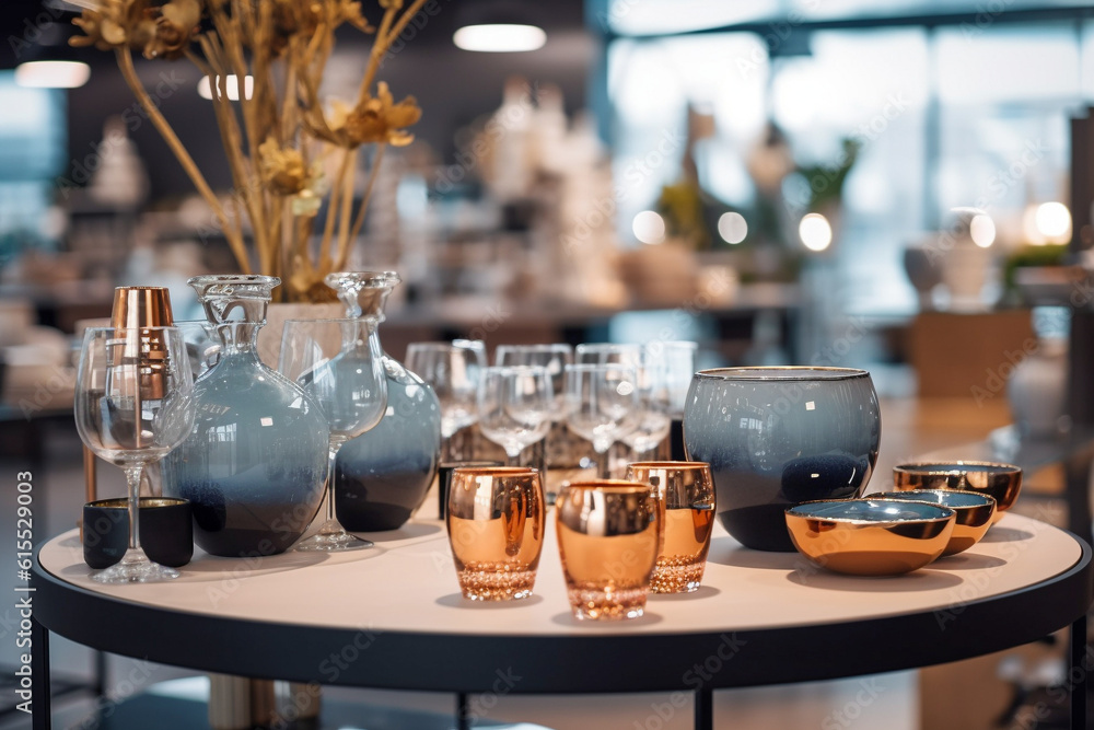 Ceramic dishes on the table in the store. Super photo realistic background, generative ai 3d illustration