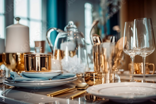 Ceramic dishes on the table in the store. Super photo realistic background, generative ai 3d illustration