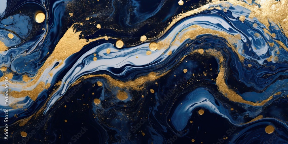 Generative AI illustration of liquid swirls in beautiful navy blue colors, with gold powder. Luxurious design wallpaper. Oil paint. Generative AI illustration of liquid swirls in beautiful navy blue colors, with gold powder. Luxurious design wallpaper. Oil paint.