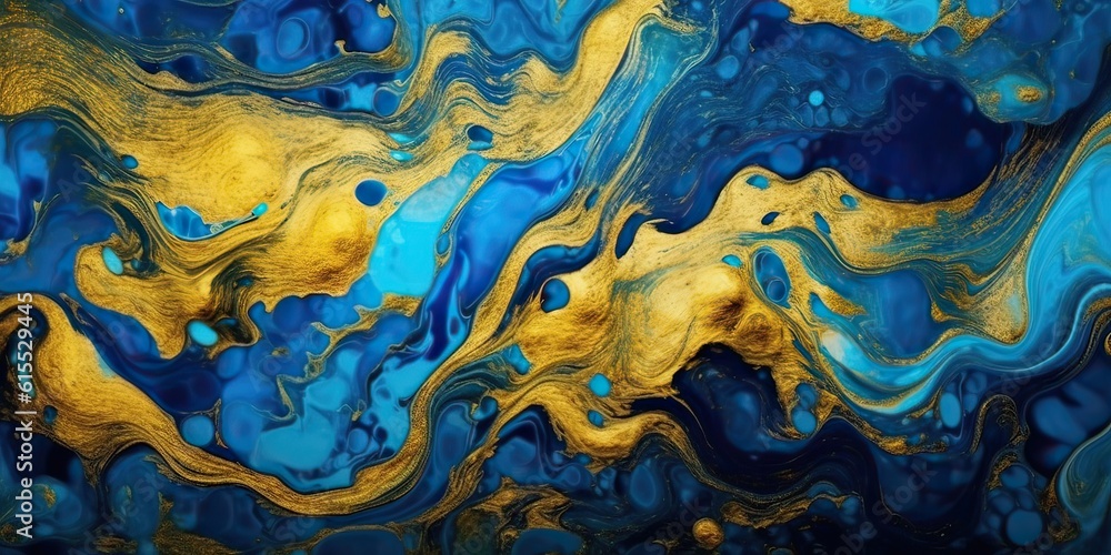Generative AI illustration of liquid swirls in beautiful navy blue colors, with gold powder. Luxurious design wallpaper. Oil paint. Generative AI illustration of liquid swirls in beautiful navy blue colors, with gold powder. Luxurious design wallpaper. Oil paint.