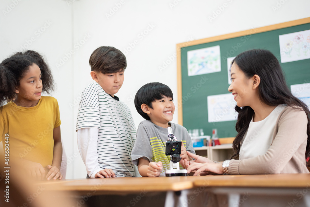 Group of Diversity multiethnic elementary School kids with microscope. Group of Diversity multiethnic elementary School kids with microscope.