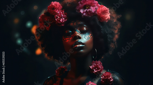 black girl or Sugar skull with bright make-up. Celebrating Halloween or Day of the dead. generative ai, ai, generative