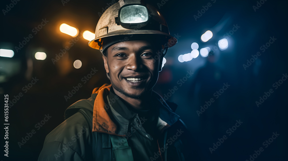Portrait happy man miner with headlamps entering underground coal mine