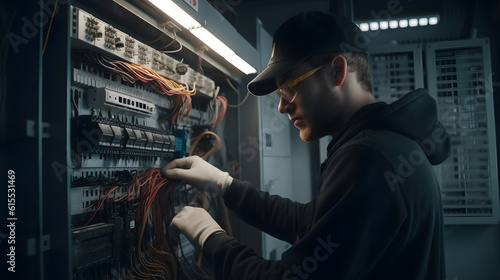 Man electrician works in a switchboard with an electrical connecting cable, dark background. Generation AI