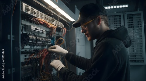 Man electrician works in a switchboard with an electrical connecting cable, dark background. Generation AI photo