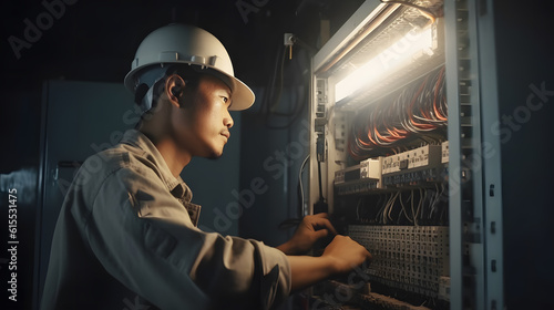 Man electrician works in a switchboard with an electrical connecting cable, dark background. Generation AI