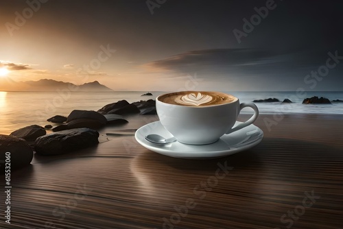 cup of coffee on the beach Generator by AI Technology