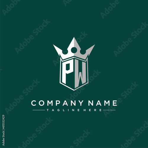 PW letter monogram initial logo for shield and crown design