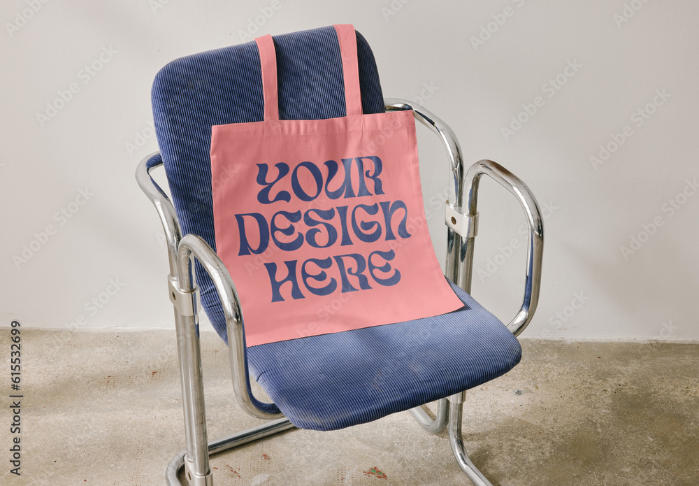 Mockup of customizable tote bag on blue retro chair Stock Template