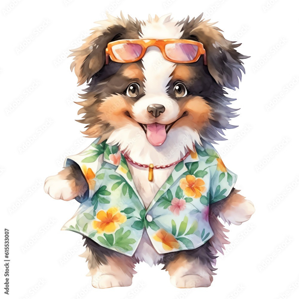 Australian shepherd wearing sunglasses and floral shirt on summer vacation - Watercolor dog illustration isolated - Generative AI