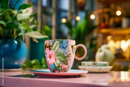 Ceramic cup on the table in the store with flowers. Super photo realistic background, generative ai 3d illustration