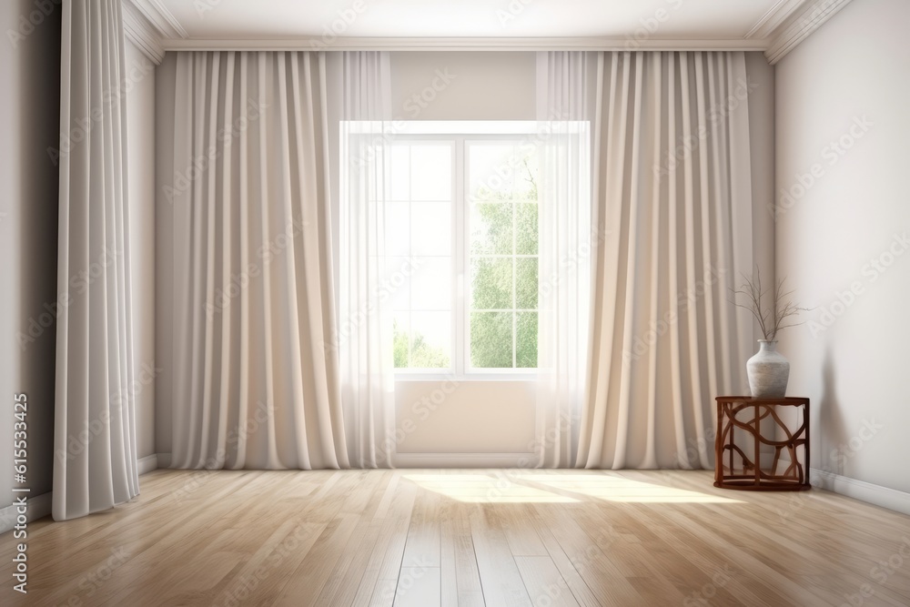 Fototapeta premium Empty white room mock up with white window, and wooden floor. Generative AI