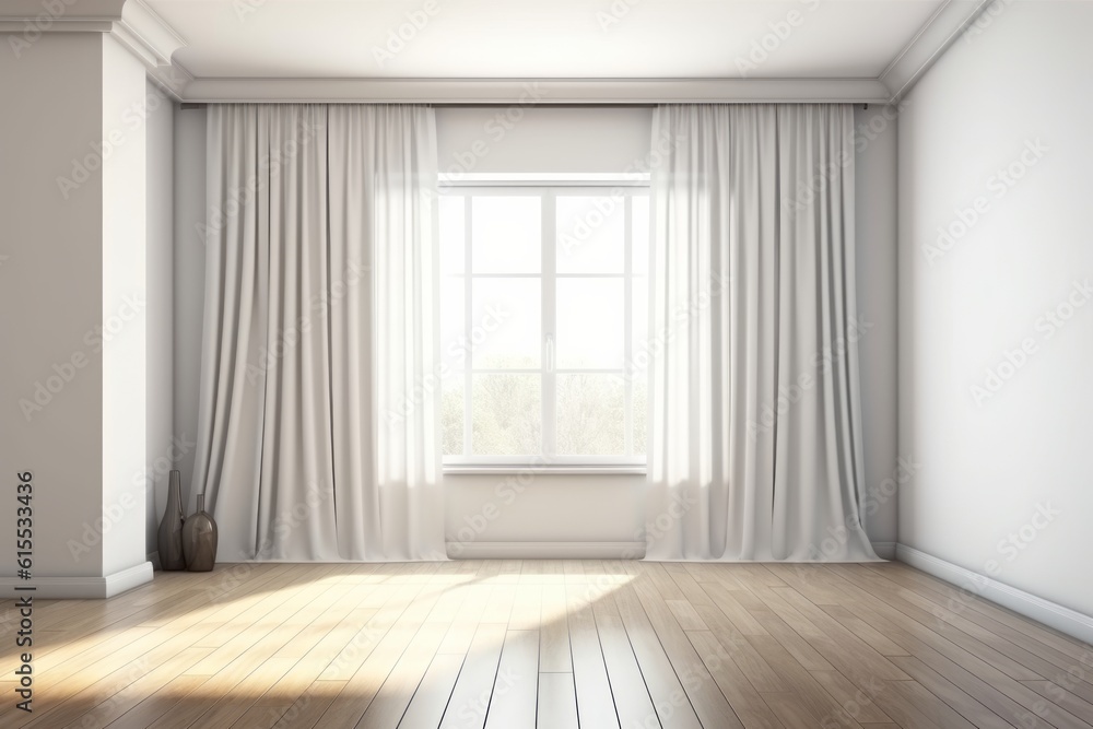 Obraz premium Empty white room mock up with white window, and wooden floor. Generative AI