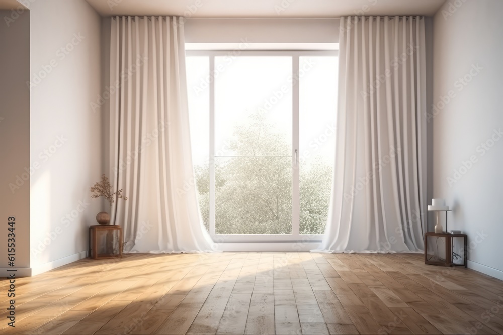 Fototapeta premium Empty white room mock up with white window, and wooden floor. Generative AI