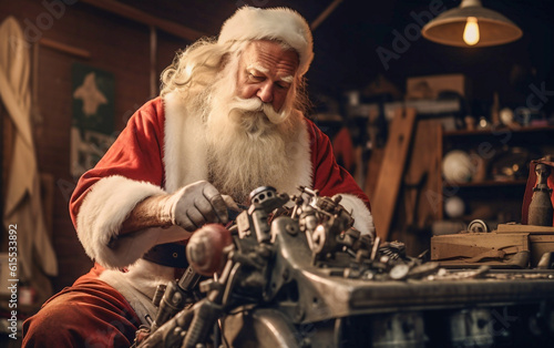 Santa Claus is tuning the engine of the snowmobile