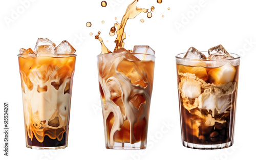 Three glasses with delicious iced coffee and ice cubes, isolated (Generative AI)