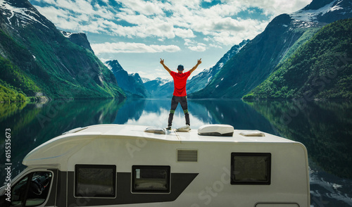 Man Expressing His Happiness Seeing Perfect Norwegian Landscape