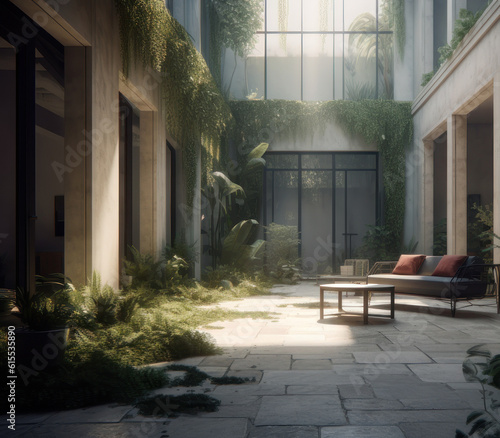 Closed terrace in the building, many plants. AI generative.
