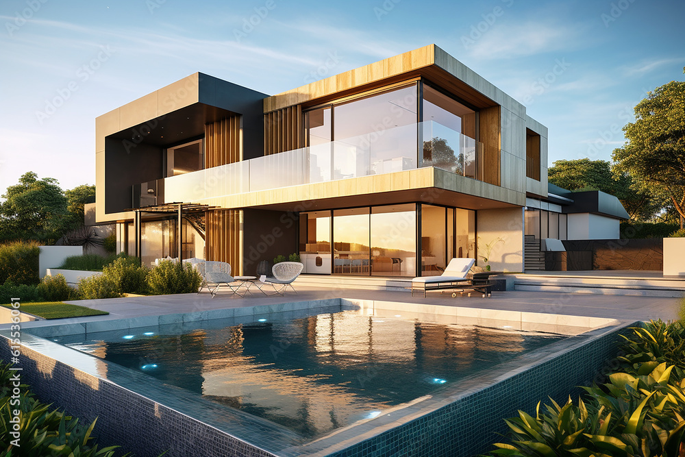 A Majestic and stunning modern house with a swimming pool, created with AI