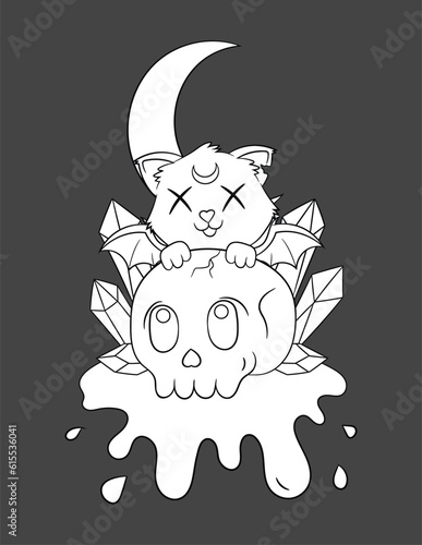 Cute pastel goth and creepy kawaii coloring page for kids and adults, Vector pastel goth coloring book with a creepy kawaii.