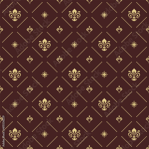 Seamless vector pattern. Modern geometric brown and golden ornament with royal lilies. Classic background
