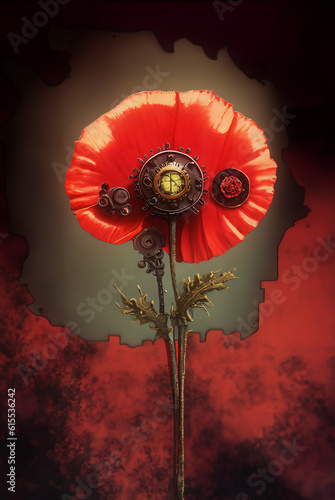 illustrazione generative ai di singolo fiore di papavero rosso in stile steampunk con sfondo astratto dai tratti gotici, natura morta photo