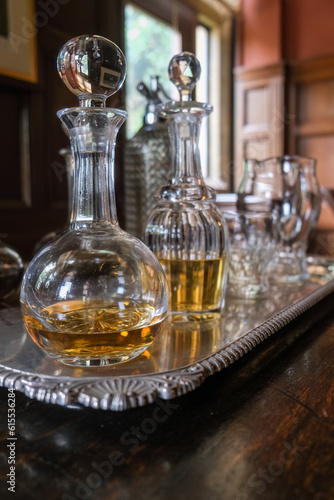 decanter and glasses with alcohol 