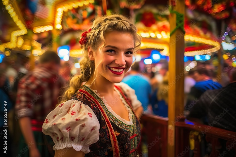 Young Oktoberfest Beauty: Enjoying Festivities in Traditional Dirndl Attire, Generative AI