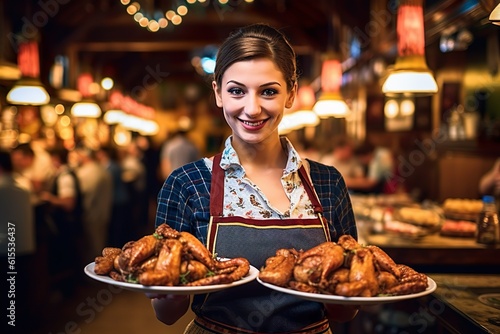 Authentic Oktoberfest Charm: Stunning Waitress in Dirndl Serving Traditional Roasted Chicken, Generative AI