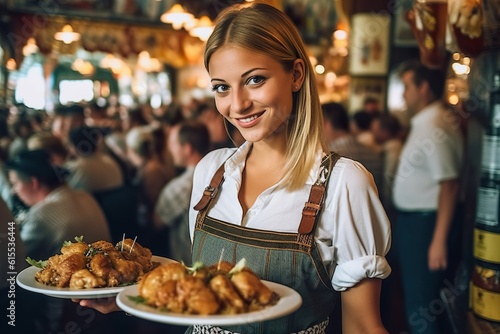 Authentic Oktoberfest Charm  Stunning Waitress in Dirndl Serving Traditional Roasted Chicken  Generative AI