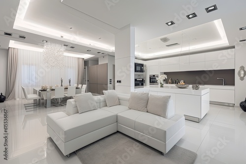 Interior of luxury home  art deco modern trendy living room in white colors kitchen and living room  mock up  ai generative