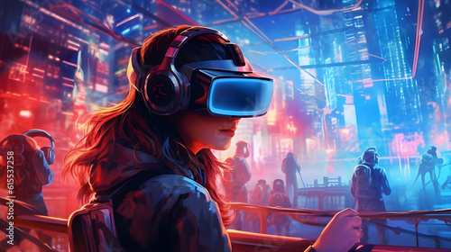 Stylish young wearing virtual reality goggles while standing against futuristic cityscape generative Ai