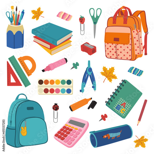 Set of school supplies. Backpacks, textbooks, calculator, pencil case, paints, pencils, markers, notebook, clip. Hand drawn vector illustration isolated on white background. Modern flat cartoon style.