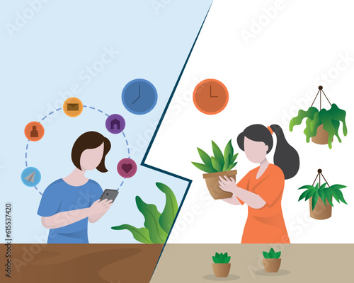 Fomo syndrome and jomo concept illustration, girls with smart phone, Fomo vs jomo illustration