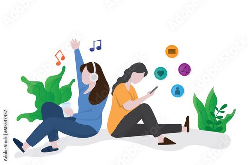 Fomo syndrome and jomo concept illustration, girls with smart phone, Fomo vs jomo illustration