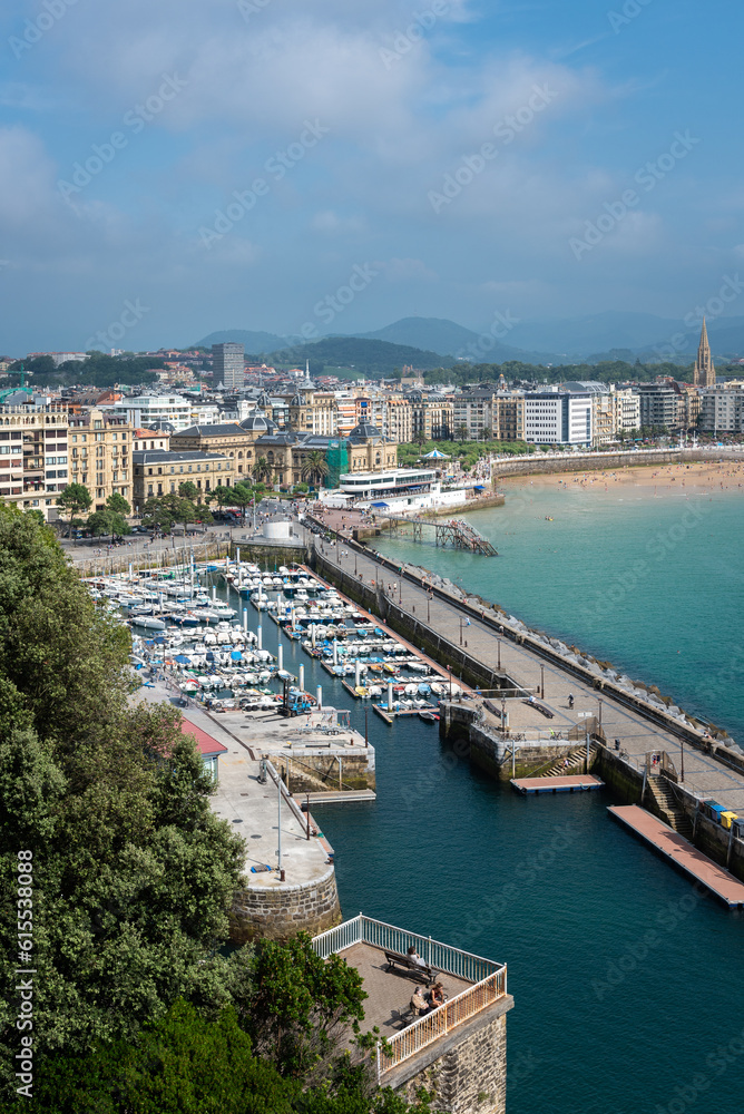 Aerial view of the port and La Concha beach in the background, San Sebastian or Donostia, Guipuzcoa, Basque country, Spain