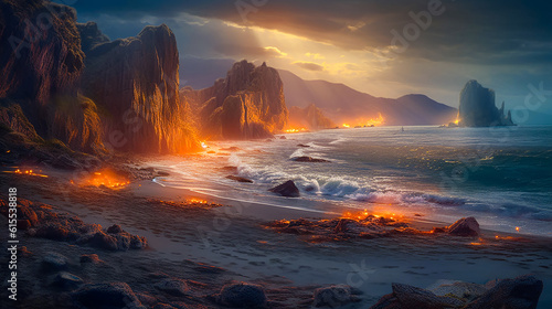 A fantasy landscape of a tropical exotic sea beach, with volcanic glowing rock and cliffs. V2.