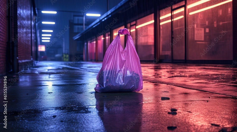 Obraz premium Garbage plastic bag stands on an empty night city street